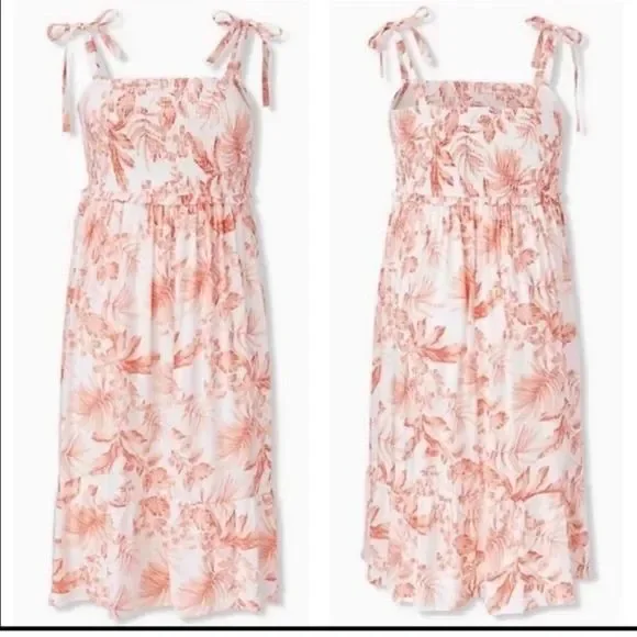 Torrid Coral Floral Tie Shoulder Midi Dress Summer Tropical Palm Print Size 2 g1 - Picture 2 of 6